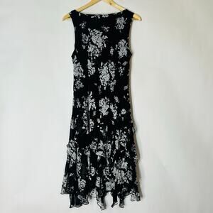 Jessica Howard Black White Floral Ruffle Dress14 Sleeveless Flapper Sheath